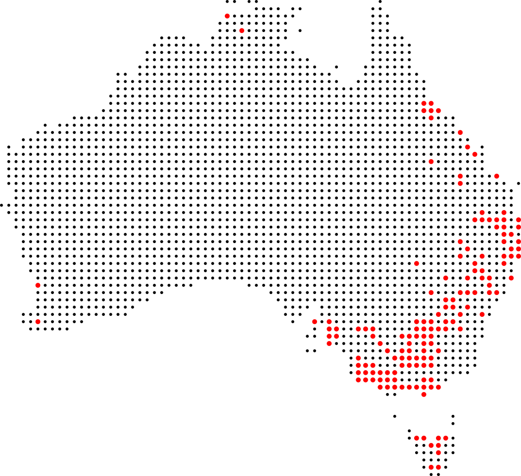 Map of Australia with member locations highlighted in red