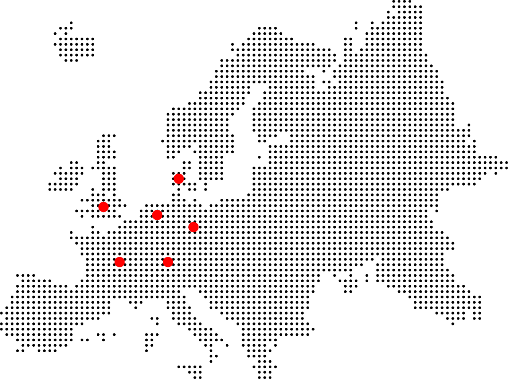 Map of Europe with member locations highlighted in red